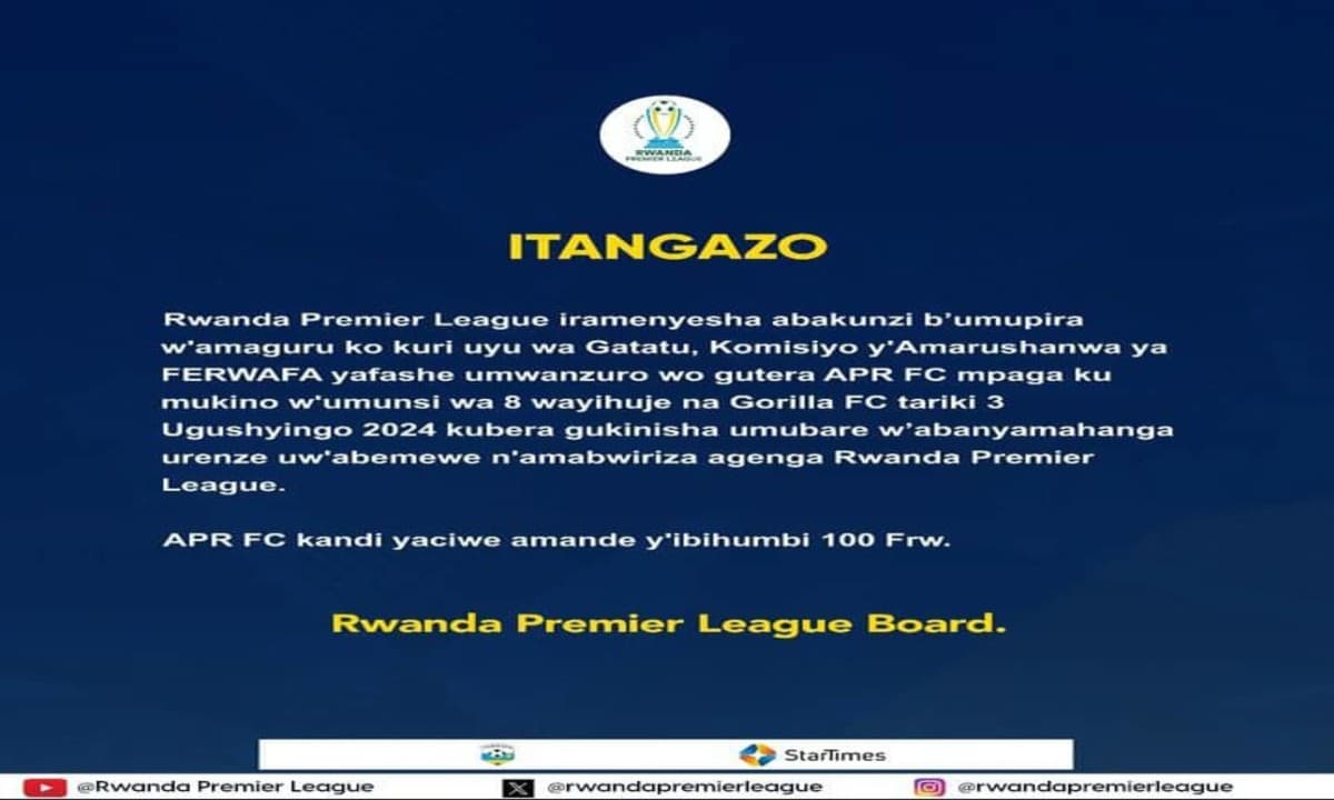 This committee decided that APR FC will forfeit with a 3-0 goals and must also pay a fine of 100 Rwandan francs.